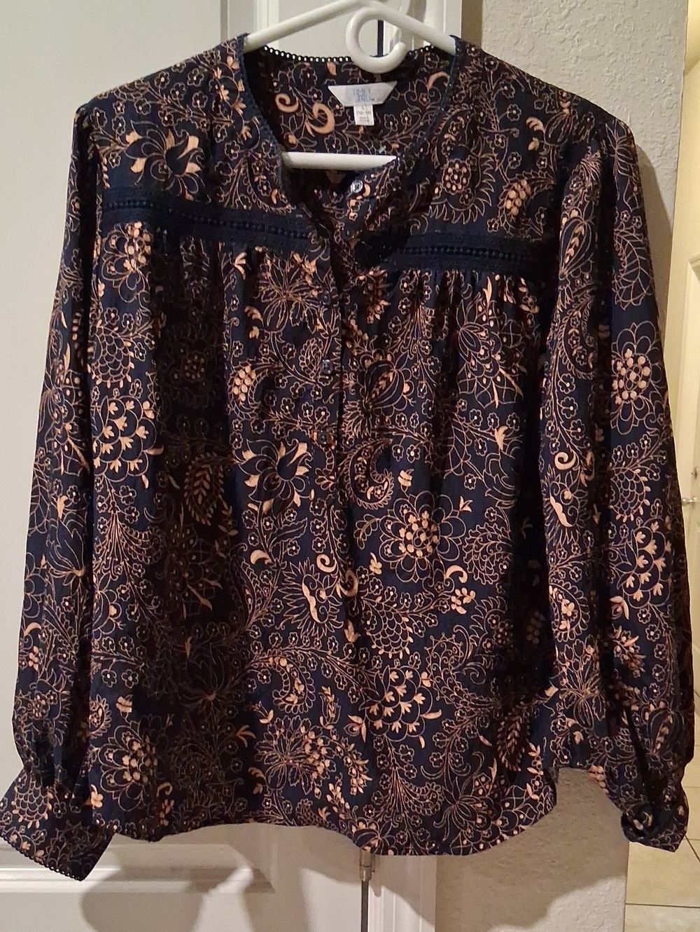 Time and Tru Navy Blouse with Peach Floral Print